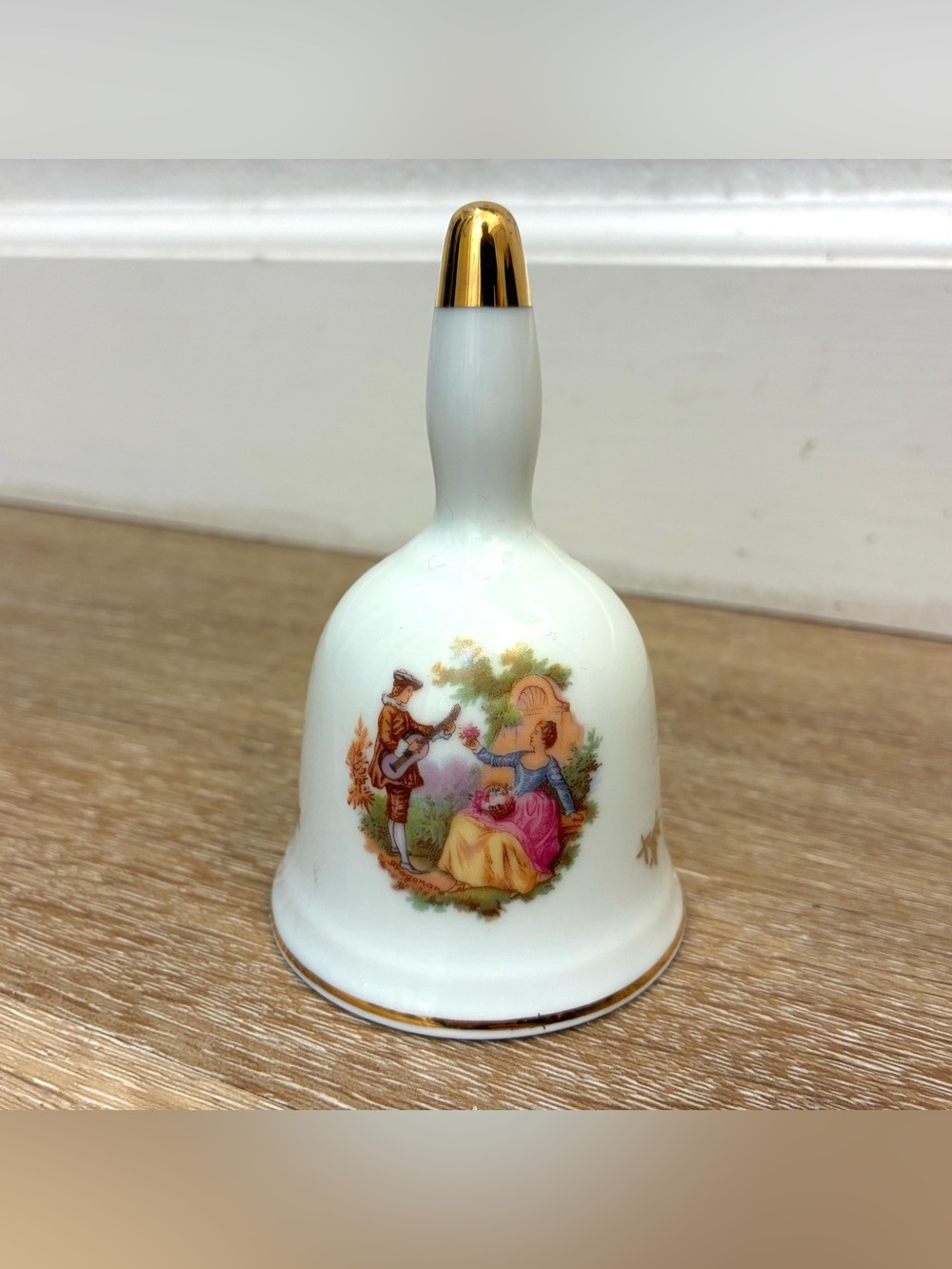 Limoges France Porcelain Hand Bell Courting Couple Gold Trim 4” Collectible